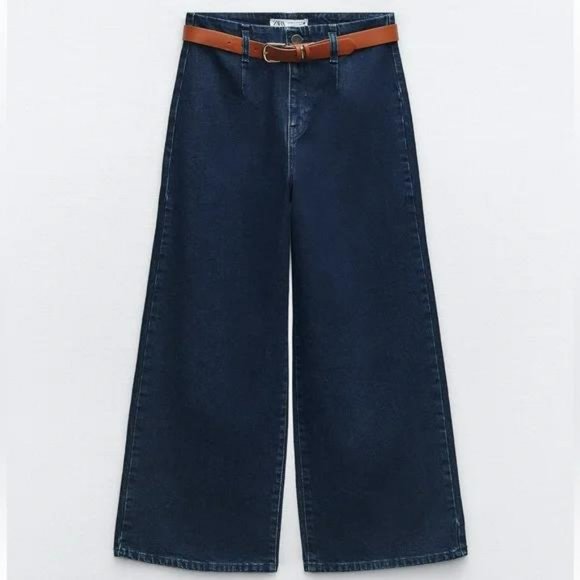 ZARA Z1975 BELTED HIGH RISE CROPPED WIDE LEG JEANS